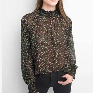 Women's Gap Sheer Floral Pattern Long Sleeve Black Blouse Top Size Small